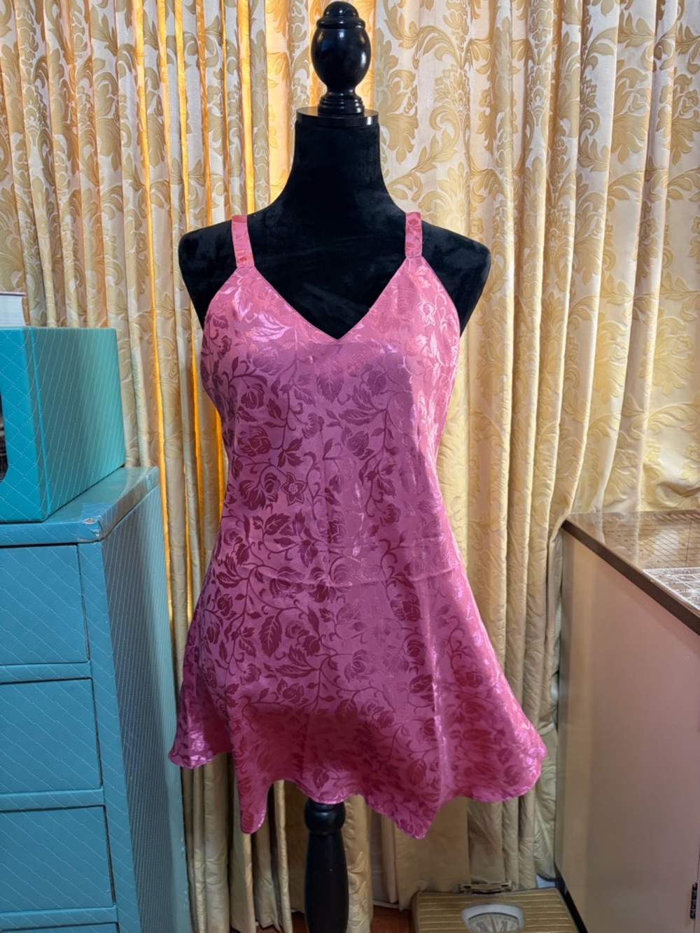 VTG 90s Pink Satin Jacquard Slip Dress Coquette Aesthetic Mini Kathryn